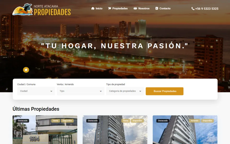 Portada del sitio web de Norte Atacama Propiedades